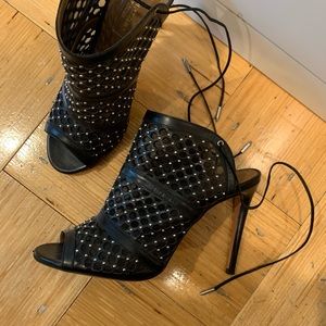 Aquazurra Black Leather Laser cut Mesh Open Toe Booties Sandal - 39